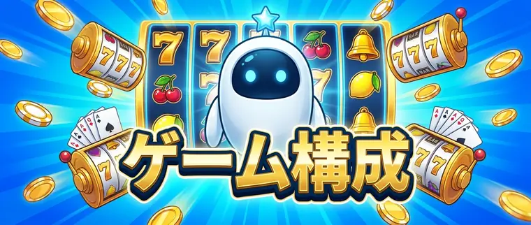 コニベットのゲーム構成を告げるイメージ図版。スロットのリール、トランプ、金貨とブランドのマスコットロボット