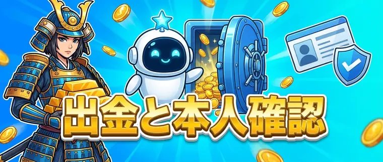 出金と本人確認を告げるイメージ図版。金庫から金貨があふれ、ブランドのマスコットロボット、和装の武者、身分証と確認バッジ