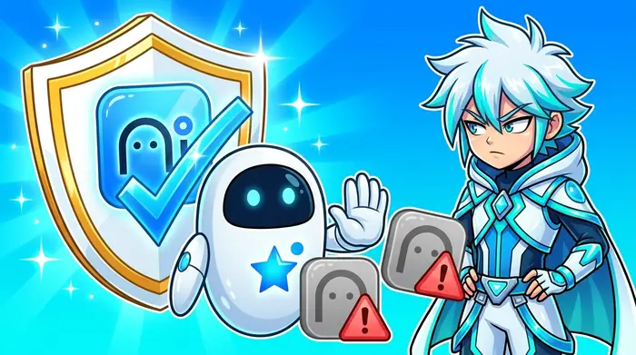 非公式の類似アプリを拒むイメージ図版。マスコットロボットが警告マーク付きの偽アイコンを手で制し、盾が本物のアイコンを守っている