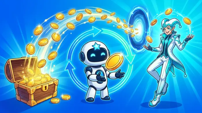 キャッシュバックが戻るイメージ図版。金貨が円を描いて宝箱に戻り、マスコットロボットが受け取っている