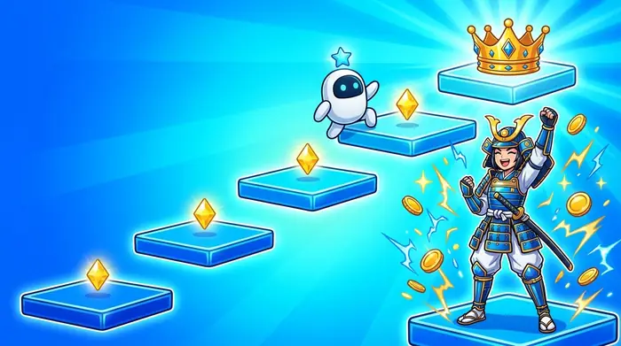 VIPの段階を上がっていくイメージ図版。6つの青い段の上をマスコットロボットが進み、最上段に王冠が置かれている