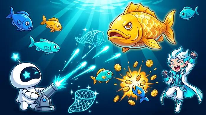 魚打ち系マルチプレイのイメージ図版。マスコットロボットが砲台から光弾を撃ち、魚から金貨がこぼれている