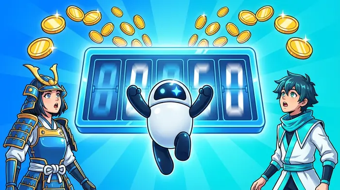 ジャックポットカウンターのイメージ図版。数字が回る表示板から金貨があふれ、マスコットロボットと2人のキャラクターが見上げている