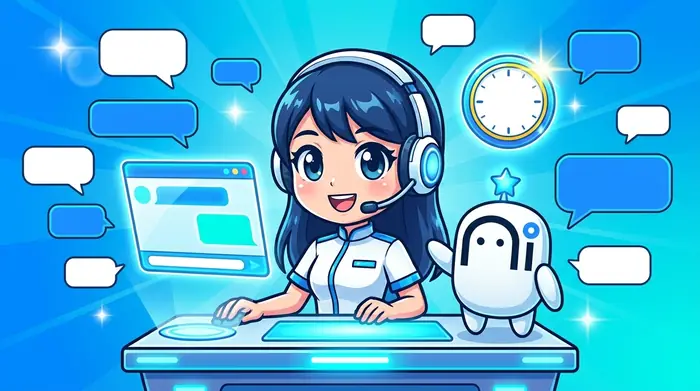 日本語サポートのイメージ図版。ヘッドセットを着けたオペレーターがチャット画面に向かい、時計アイコンとマスコットロボットが並ぶ