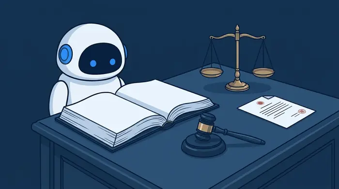法令を確認する様子のイメージ図版。開かれた法律書、法槌、天秤、封のある書類が机に置かれている