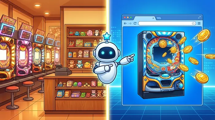 ホールの遊技とオンラインの違いを表したイメージ図版。左は景品棚のあるパチンコ店、右はブラウザ内の筐体から金貨がこぼれている