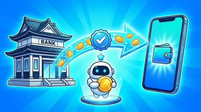 ネットバンク送金のイメージ図版。銀行からスマートフォンのウォレットへ金貨が光の矢印で運ばれ、途中に本人確認バッジがある