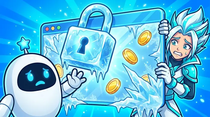 アカウント凍結のイメージ図版。氷の南京錠が口座画面を封じ、中に金貨が閉じ込められている